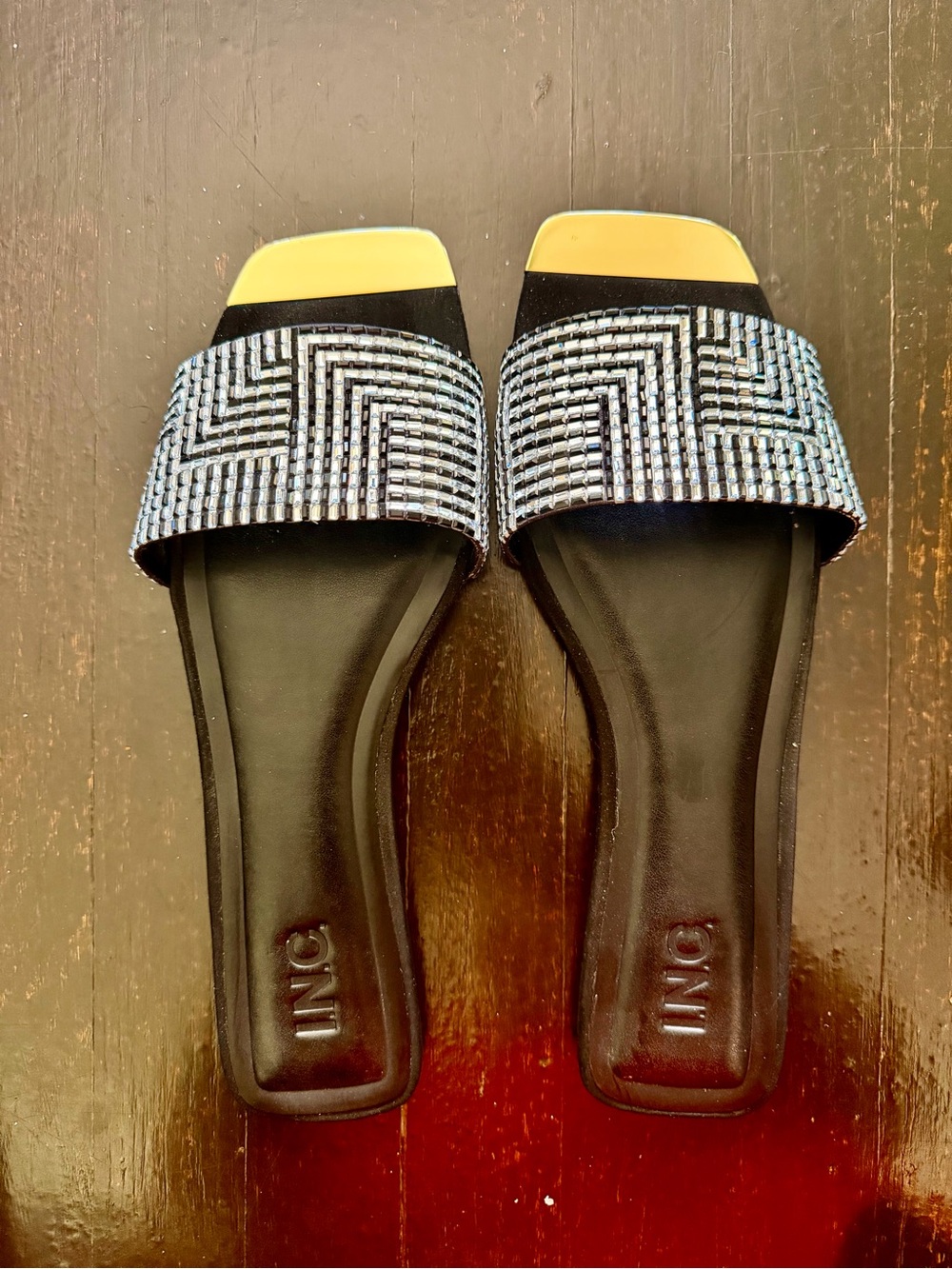 A.P.C. Black Slide Sandals with Silver Crystal Strap and Yellow Accents